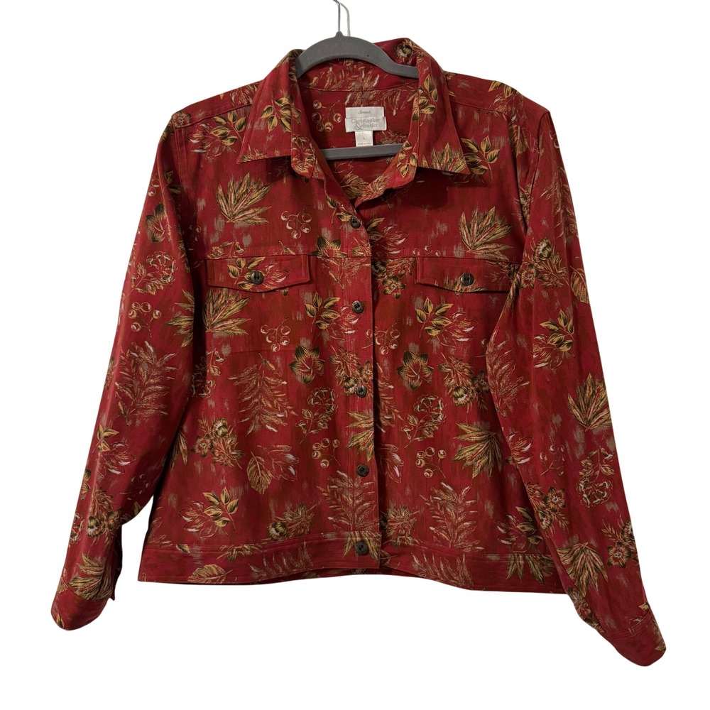 Christopher Banks Shaket Womens L Red Floral Print‎ Button Front Retro Grandma